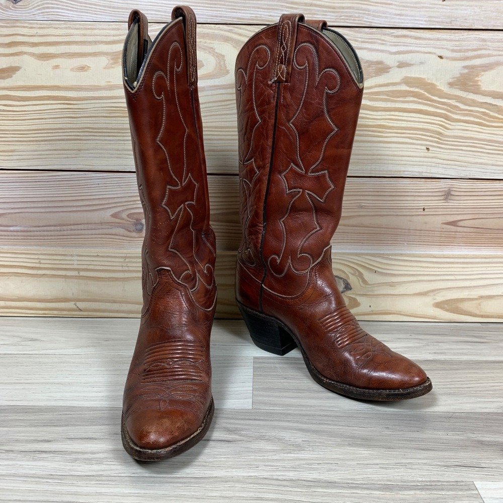 Dan Post Cowboy Boots Women 6.5A Brown Leather Western Stitched Pointed Toe